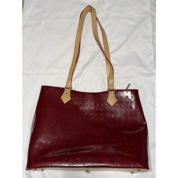 Arcadia Italy Red Patent Leather Tote Bag Monogram Embossed Large Satchel - Picture 2 of 11